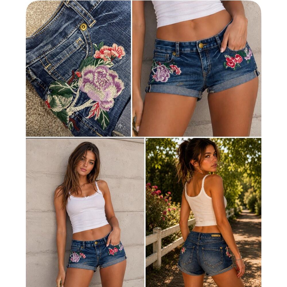 Festival Boho Express Floral Embroidered Low Rise Denim Micro Mini Booty Short 4